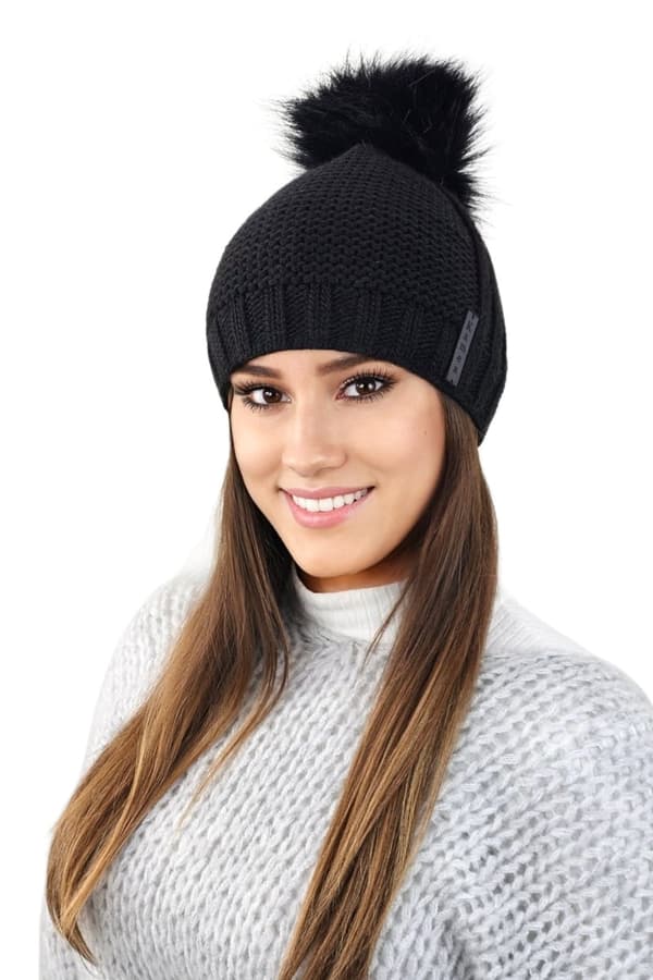 FIONA dam vinterfleecemössa med pompom, svart