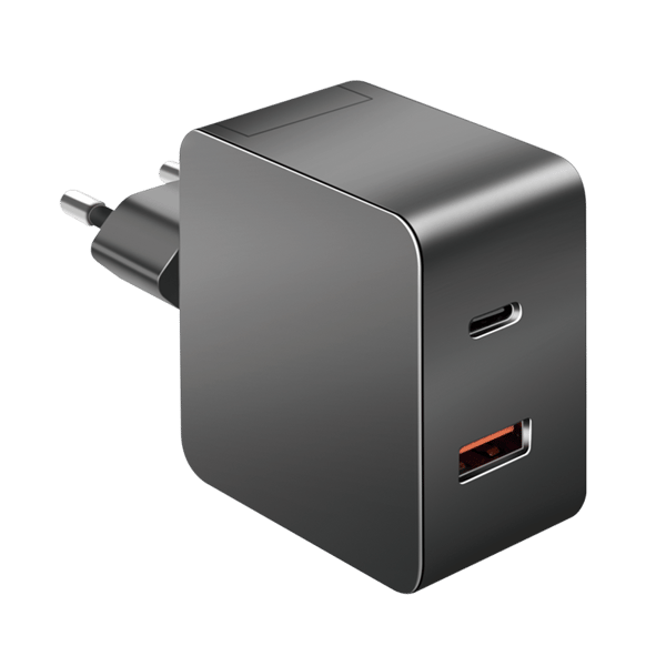 Dobbelt USB-opladeradapter, USB-A/C vægoplader, 45W, sort
