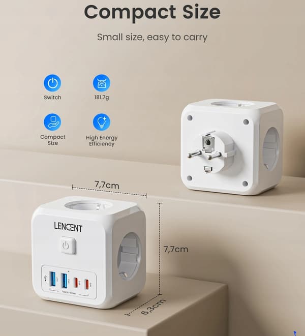 LENCENT PA037EU-2A2C strømskinne 7 stikkontakter inklusive 2x USB A, 2x USB C