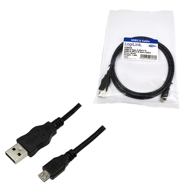 USB-A til Micro-USB-kabel 1,8m USB 2.0 LogiLink 5V/0,5A 2,5W 480Mbps Sort
