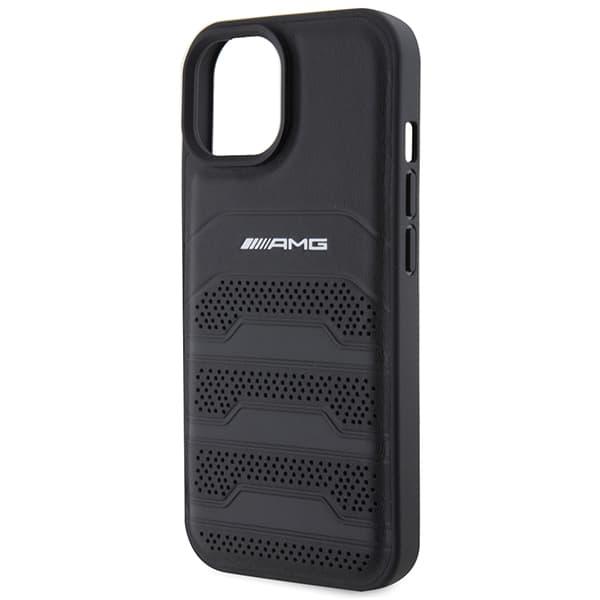 AMG lædercover med prægede linjer og sort logo til iPhone 15 Plus, sort