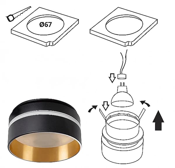 KANLUX LED-ringlampe til loft med øje, GU10, sort og guld