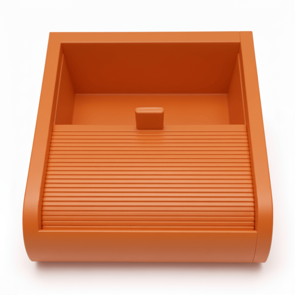 Liten orange låda med skjutbart lock för småsaker