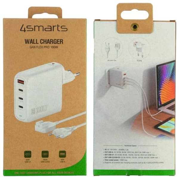 4smarts Flex Pro 100W Väggladdare 3xUSB-C + 1xUSB-A Vit