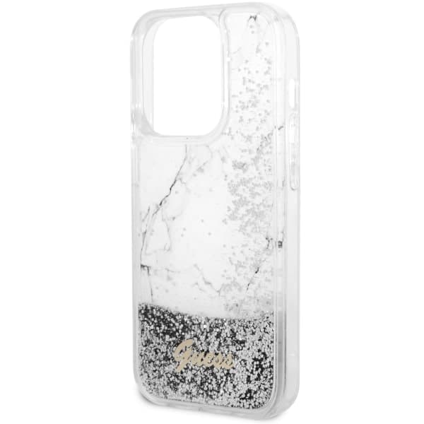 Guess Liquid Glitter Marble Cover til iPhone 14 Pro, Hvid