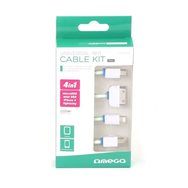 OMEGA HYDRA 4-I-1 MICRO USB + MINI USB + IPHONE4 + LIGHTNING USB-KABEL VIT & GRÖN [42814]