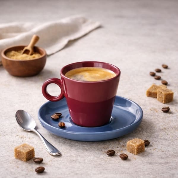 Creme cappuccino kop 200 ml rød med blå underkop