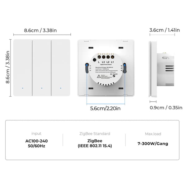 Tuya 3-kanals Zigbee vægkontakt sort