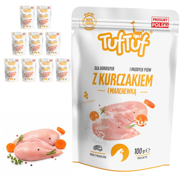 TufTuf våtfoder till hund påse med kycklingfärs och morot 10 x 100 g