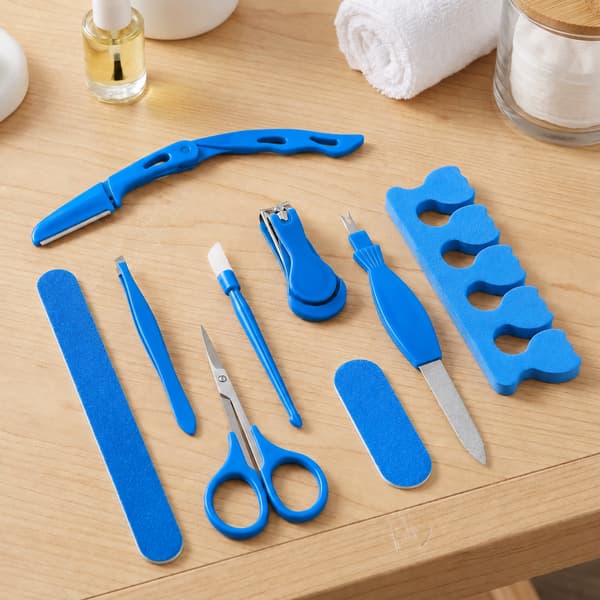 Manicure tilbehørssæt: trimmer, saks, fil, pincet, klippemaskine, blå