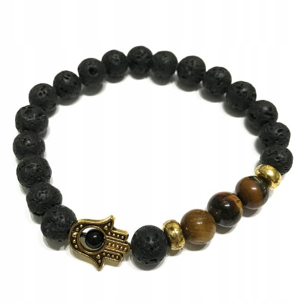 Boho armband med vulkansten. Hamsa tigeröga09