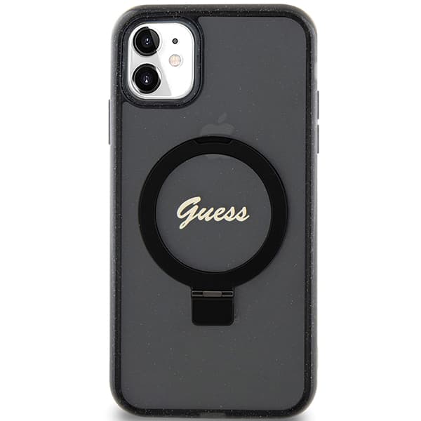 Guess Ring Stand Script Glitter MagSafe-skal till iPhone 11 / Xr, svart