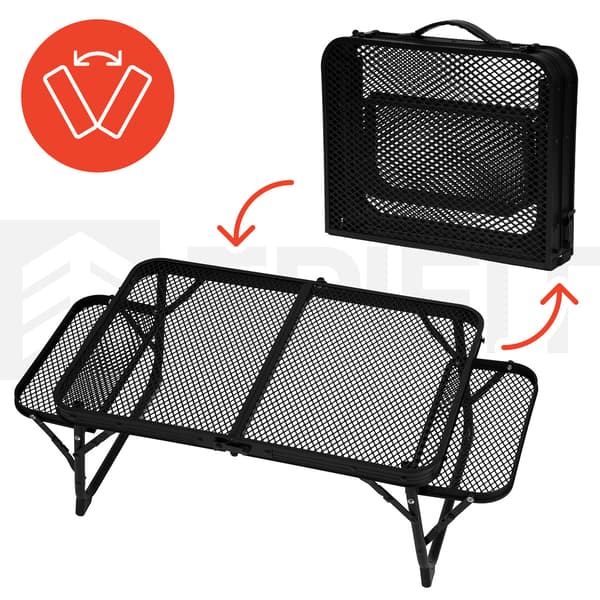 Sammenklappeligt campingbord i kuffert med sidehylder FLIP 70 sort