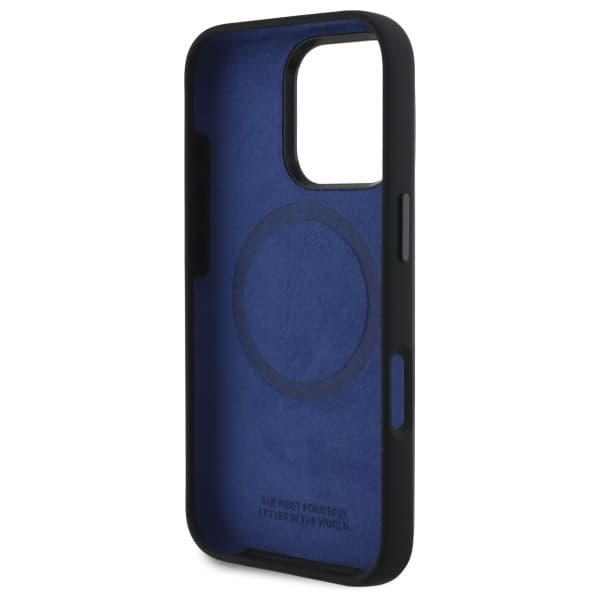 BMW Silikone Hexagon Blue Line MagSafe-etui til iPhone 16 Pro, Sort