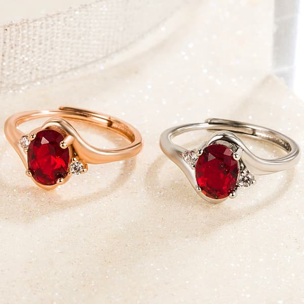 Dames sølvring, justerbar, rubinsten, diamantkrystaller