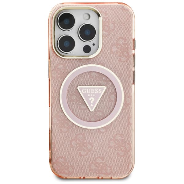 Guess IML Metal Glitter 4G Circle Triangle MagSafe-etui til iPhone 16 Pro - Lyserødt