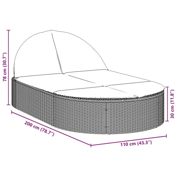 vidaXL dobbelt dagseng med hynder, sort, polyrattan