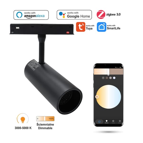 WiFi Zigbee-skena LED-spotlight 20W för magnetiska skenor SMART TRACK 48VDC 3000-5000K Dimbar
