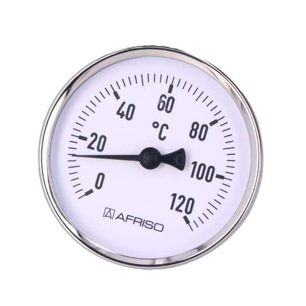 BiTh 80 bimetallisk termometer, diameter 80 mm, 0-120°C, muffe L 63 mm, 1/2 tomme