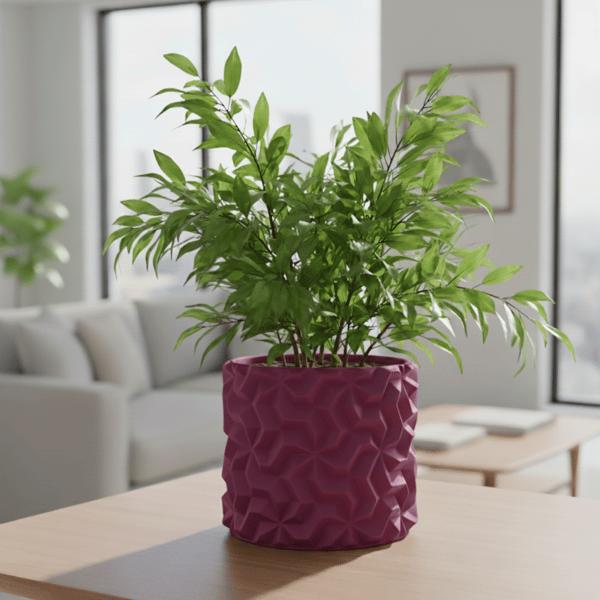 Lyserødt urtepotteskjuler med 3D geometrisk mønster til loftplanter