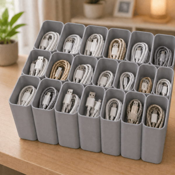 USB-kabelorganisator grå skuffeopladerholder
