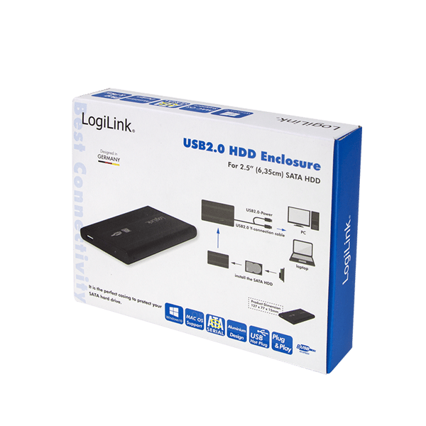 LogiLink 2,5" SATA harddiskkabinet - USB 2.0, aluminium, sort