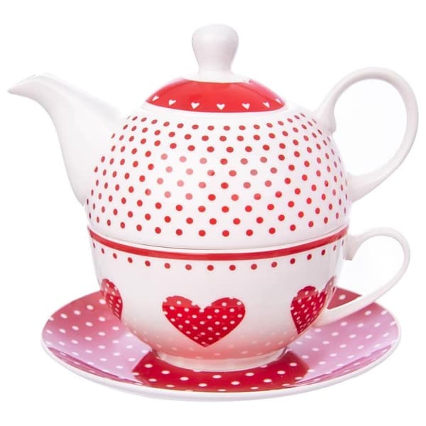 Porcelænskande med tekop, hjerter, TECKA, 3 dele