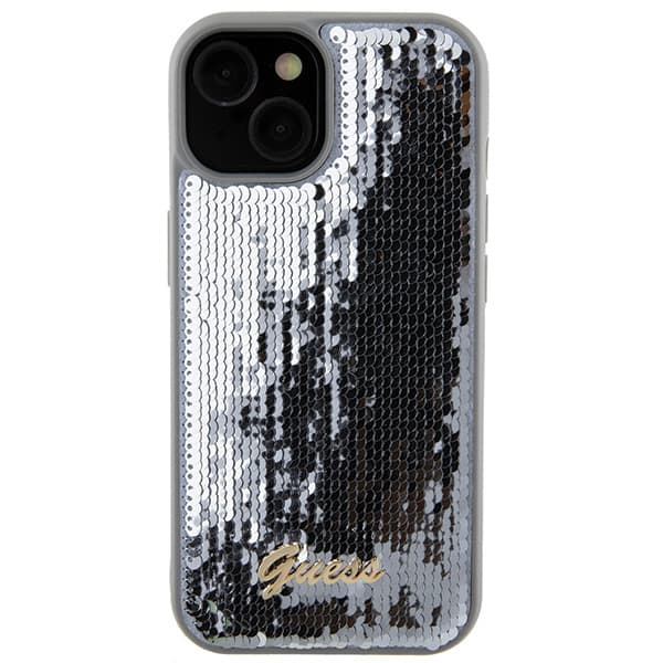 Guess Sequin Script Metal -suojakuori iPhone 15:lle, hopea/hopea