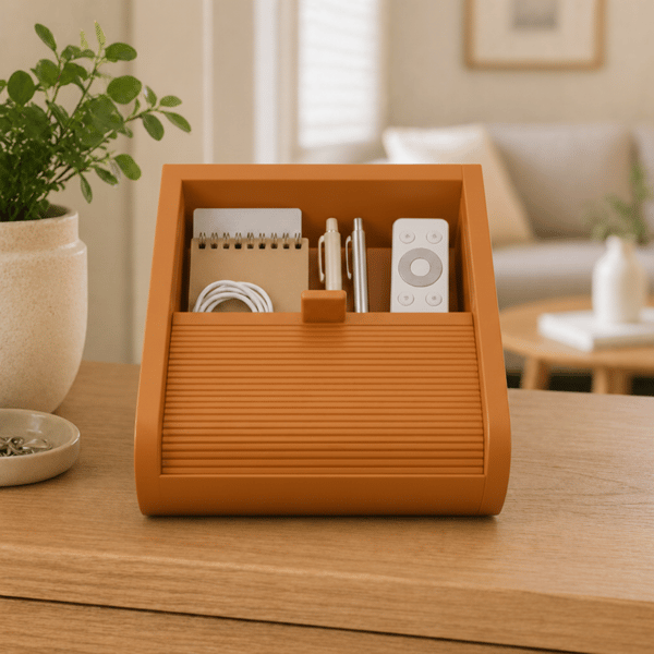 Liten orange låda med skjutbart lock för småsaker