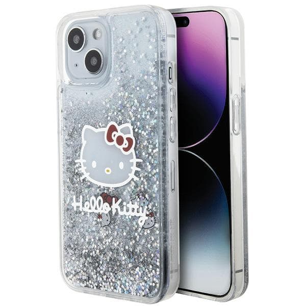 Hello Kitty Liquid Glitter Charms Kitty Head cover til iPhone 14, sølv