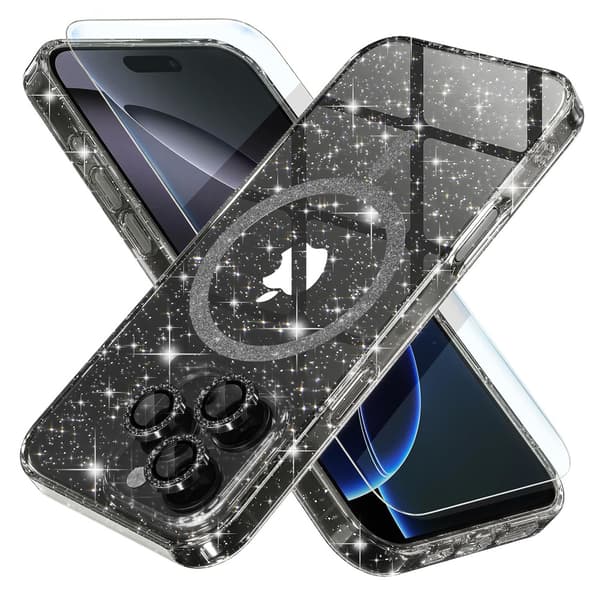iPhone 16 Pro -kotelo, ERBORD Glitter MagSafe, musta + näytönsuoja