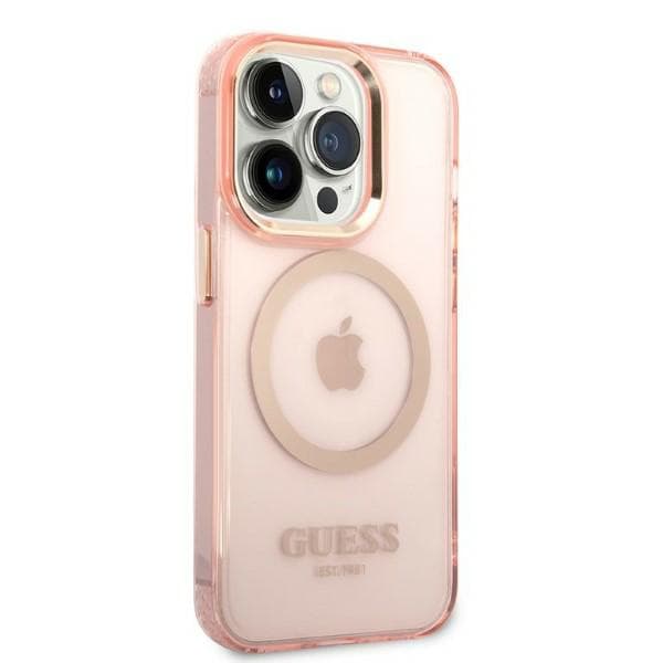 Guess Gold Outline Translucent MagSafe-etui til iPhone 14 Pro, lyserød