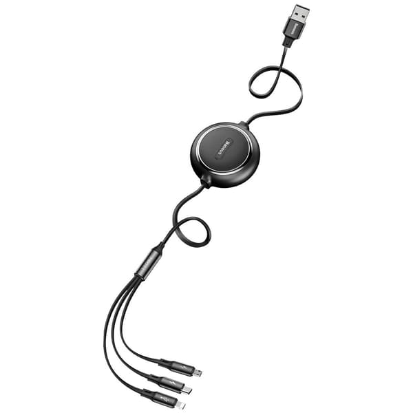 Udtrækkeligt kabel 3i1 USB MicroUSB iPhone Lightning USB-C 3.5A 35cm 120cm Sort