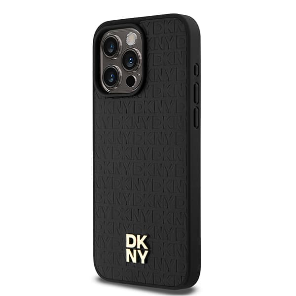 DKNY Lædermonogrammønster Metal Logo MagSafe-etui til iPhone 15 Pro Max, Sort