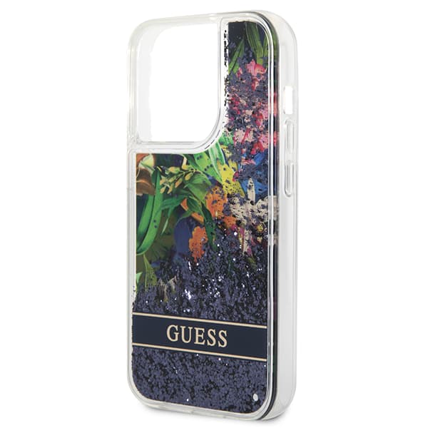 Guess Flower Liquid Glitter cover til iPhone 14 Pro Max, blå