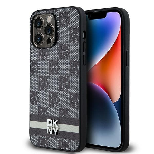 DKNY DKHCP14XPCPTSSK iPhone 14 Pro Max6,7" sort/sort hårdt cover i læder med ternet monogrammønster og trykte striber