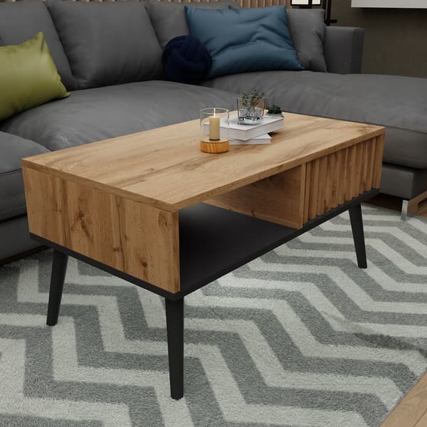 Skandinavisk sofabord, egetræslameller/sort, loftbord med hylde