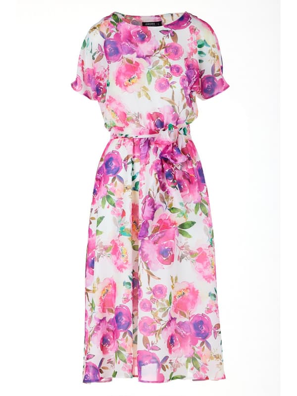 Kimono midikjole med korte ærmer, lyserøde blomster M