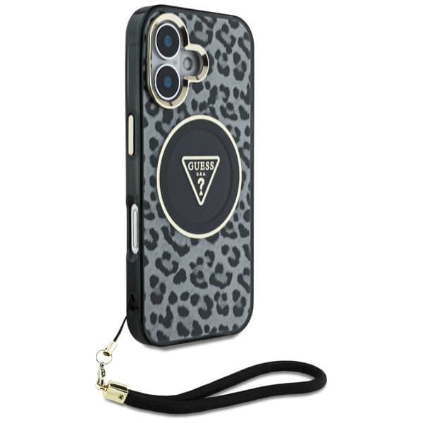 Guess HC IML Leopard Trekantet Kabelrem MagSafe-etui til iPhone 16, Sort