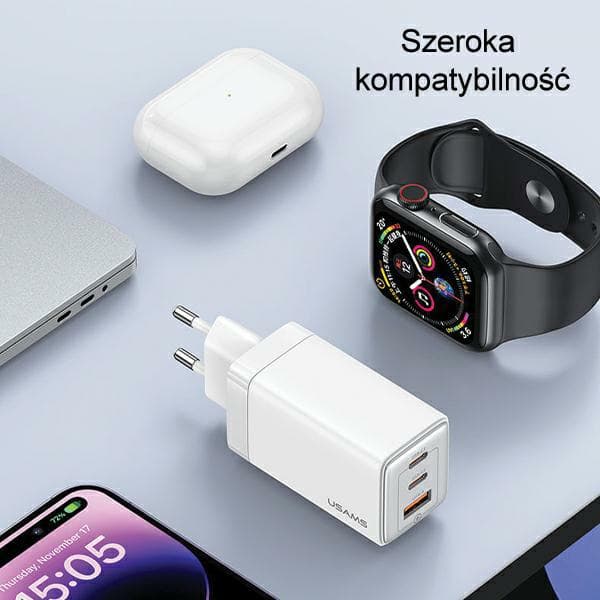 USAMS 2xUSB-C+1xUSB 65W (kun hoved) GaN PD3.0 +QC3.0 Hurtigopladning Sort