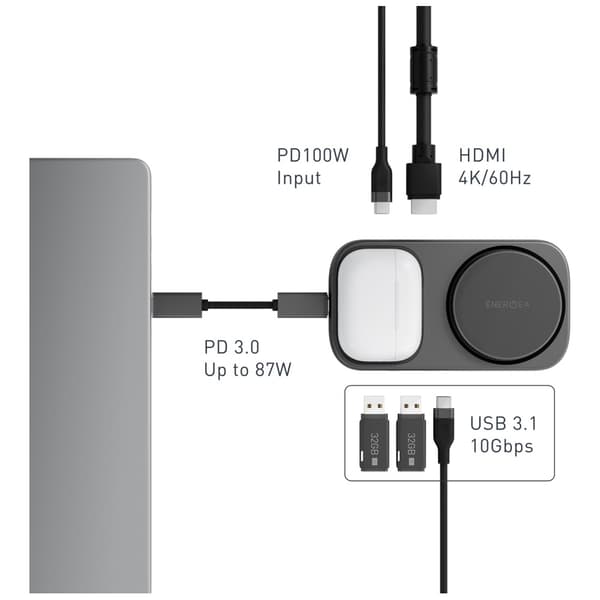 Energea WiDock Plus 7-i-1 USB-C 3.1 Dockingstation med Qi2 Grafit