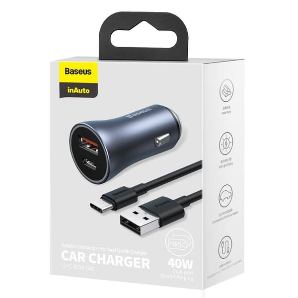 40W PD QC USB-C / USB Hurtig Biloplader + USB-C Kabel Grå