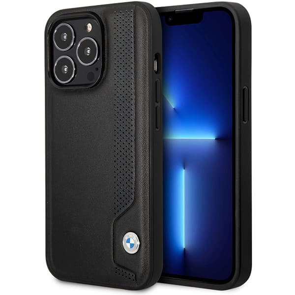 BMW Læderetui med blå prikker til iPhone 14 Pro Max, Sort