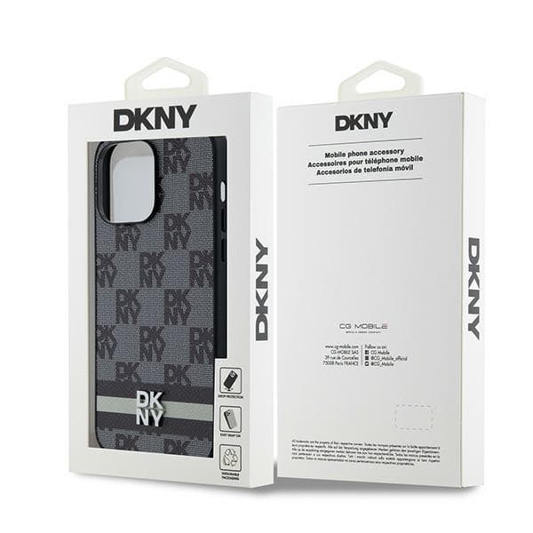 DKNY DKHCP14XPCPTSSK iPhone 14 Pro Max6,7" sort/sort hårdt cover i læder med ternet monogrammønster og trykte striber