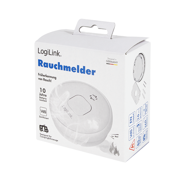 LogiLink VdS rökdetektor, 10 års batteri, 85 dB larm, testknapp