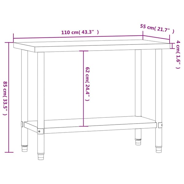 vidaXL køkkenbord 110x55x85 cm rustfrit stål