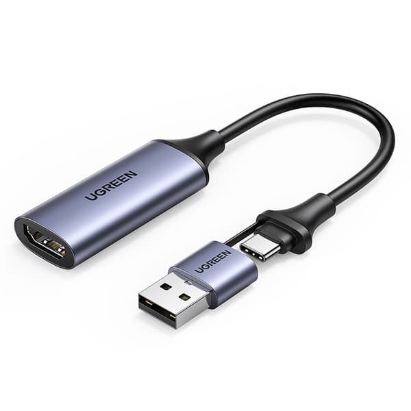 HDMI (naaras) - USB-A / USB-C (uros) -sovitin - harmaa