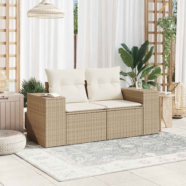 vidaXL Trädgårdssoffa med kuddar, 2-sits, beige, polyrotting