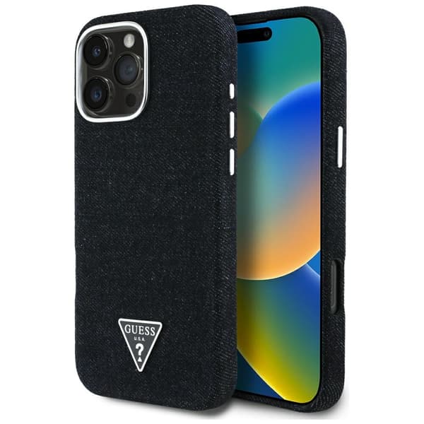 Guess Denim Triangle Logo MagSafe -kotelo iPhone 16 Pro Maxille, musta