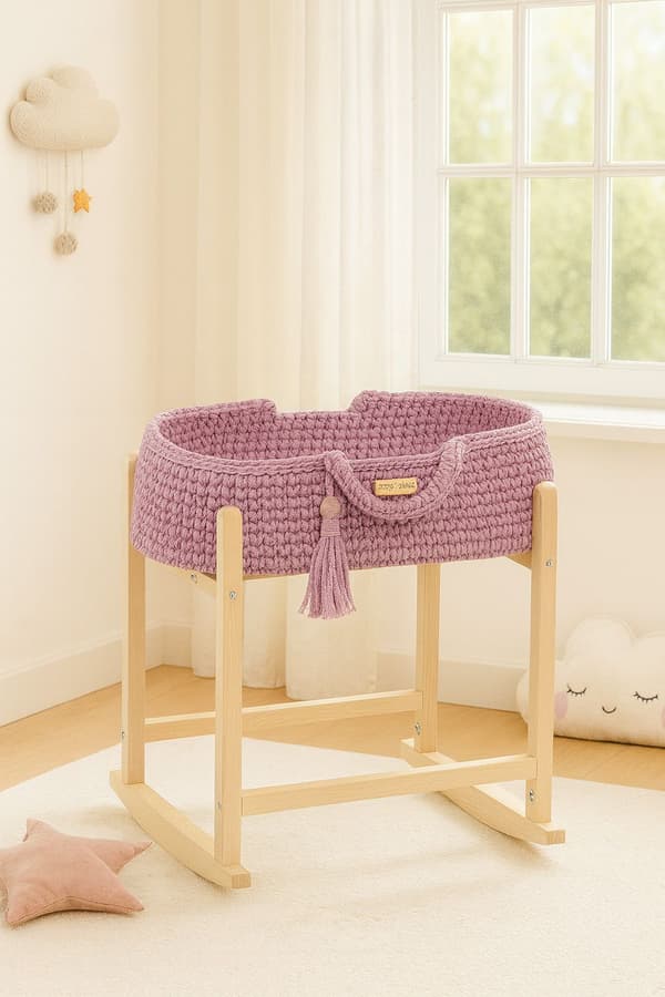 Moses Basket BOHO Bomullsdockbärare med Trävagga - Lavendel